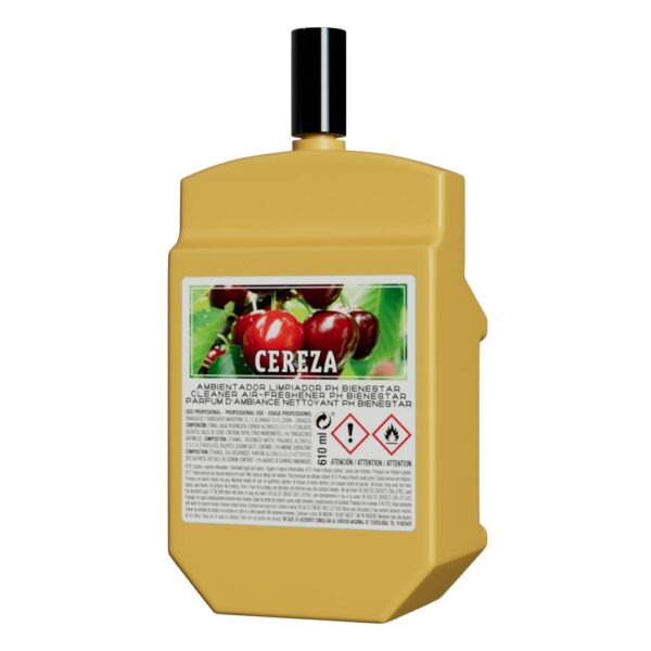Envase de ambientador limpiador bacteriostático fragancia dulce a Cereza para desodorización y limpieza de baños.