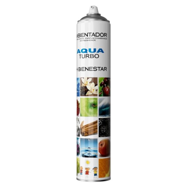 Aerosol de ambientador turbo de 750ml fragancia Aqua para la desodorización y perfumado de grandes espacios y locales comerciales.