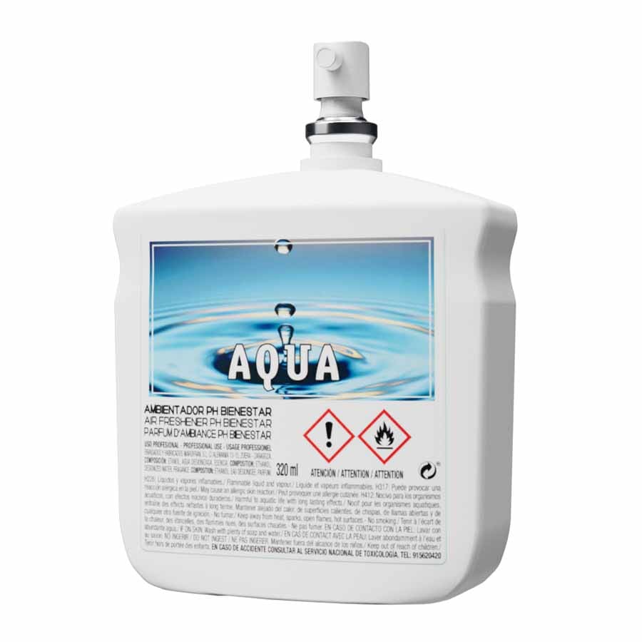 Carga ambientador hidroalcohólico de 320ml aroma Aqua fresco de gran cobertura para aseos públicos.