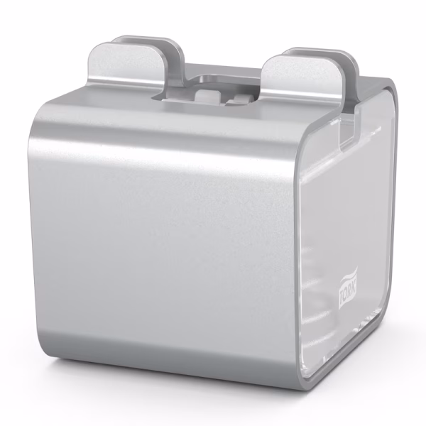 Vista lateral de dispensador servilletas mesa aluminio plateado con ranura superior para la dosificación unitaria de papel.