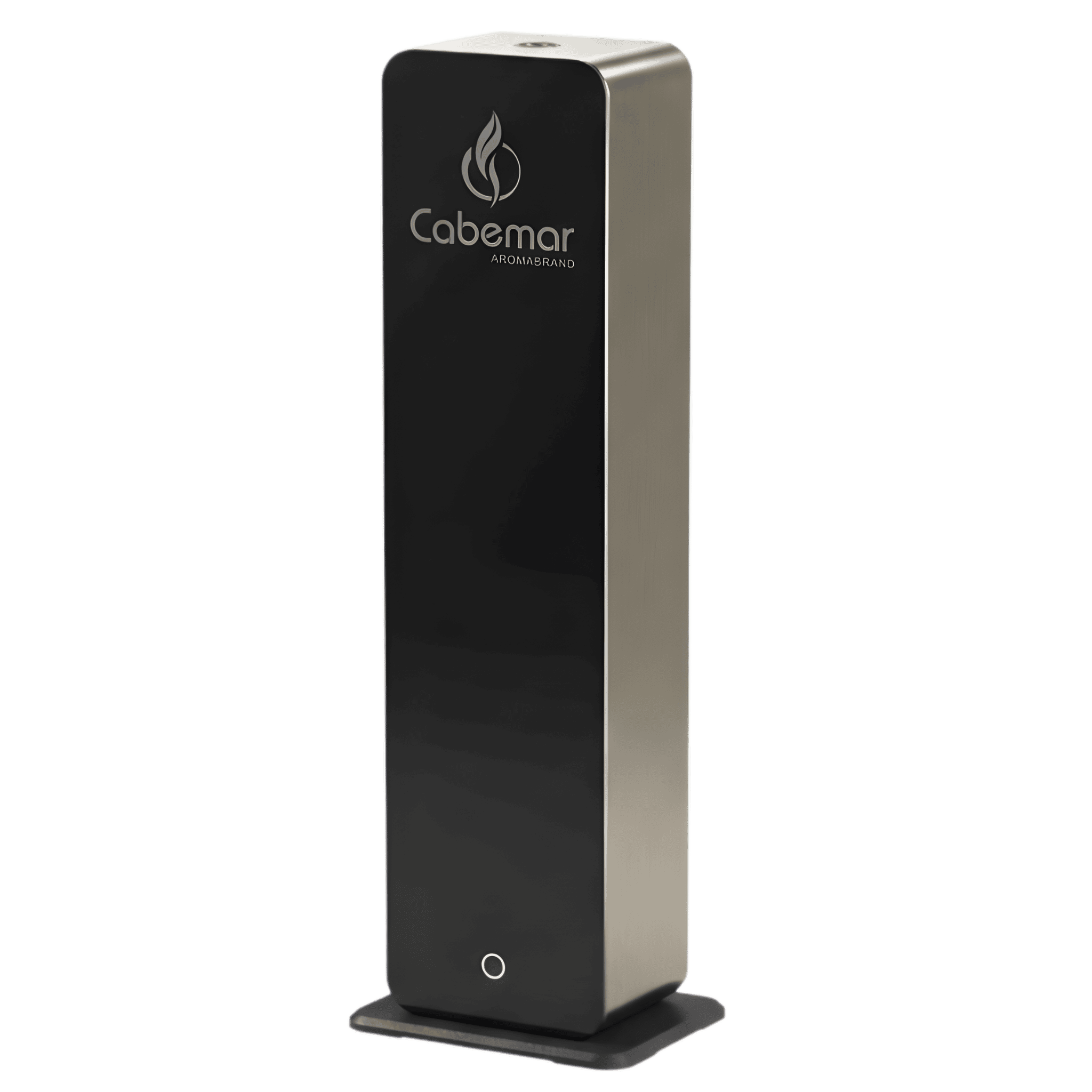 Torre difusora de aromas grandes espacios en acabado cromado brillante con frontal de cristal templado negro para marketing olfativo de lujo.