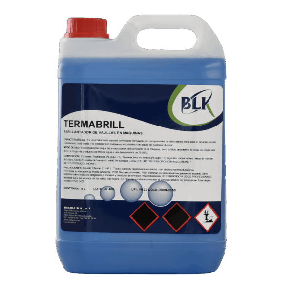 Garrafa de 5 litros de abrillantador líquido para lavavajillas automáticos profesionales Termabrill con aditivos hidrofugantes. Abrillantador Lavavajillas Automático 5L