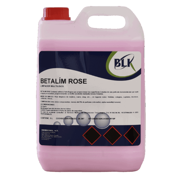 Garrafa de 5 litros de limpiador abrillantador multisuperficies profesional Betalim Rose con efecto antipolvo y antiestático.
