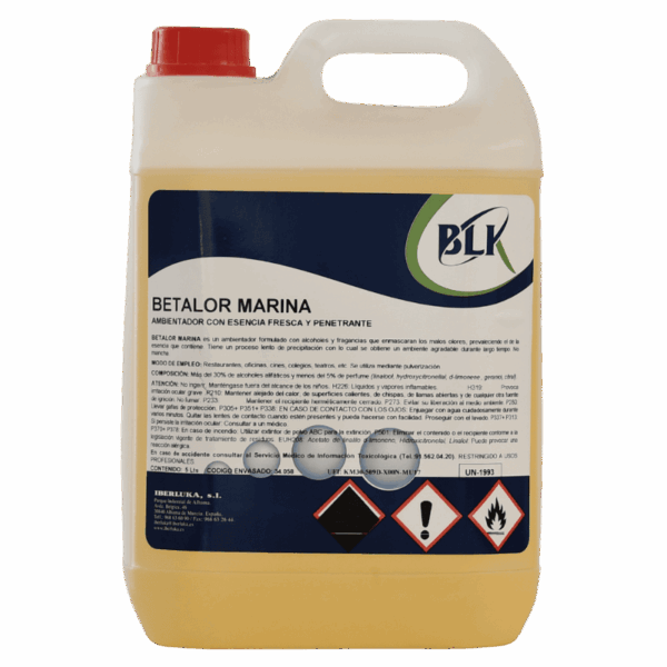 Garrafa de ambientador líquido profesional Betalor Marina de 5 litros con fragancia marina de alta persistencia para el sector HORECA.Ambientador Profesional Aroma Marino