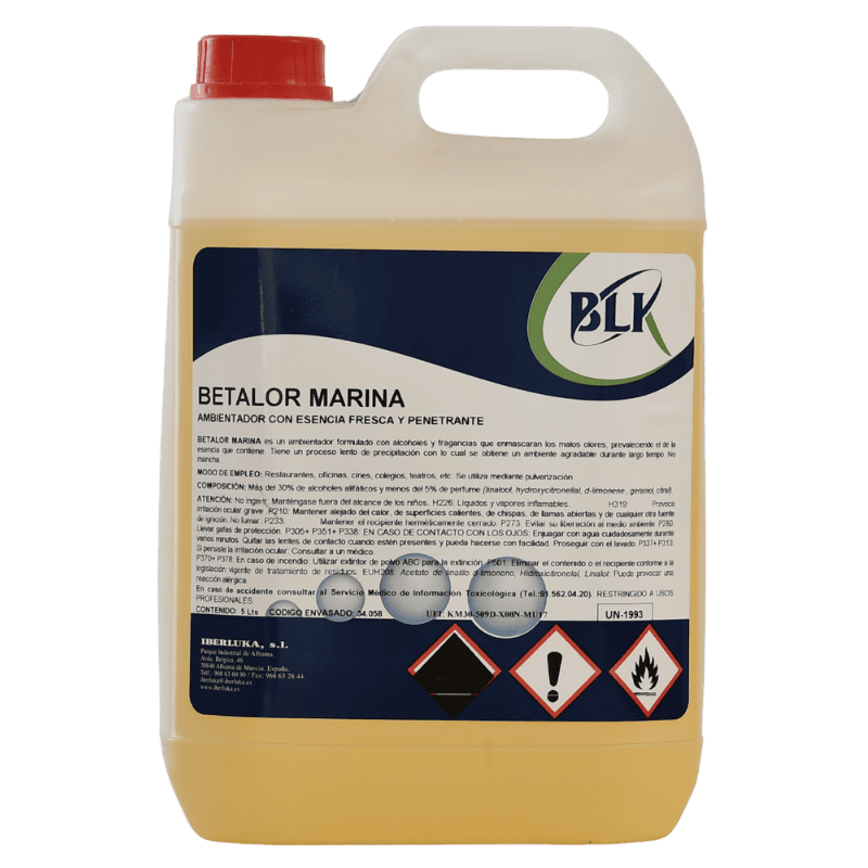 Garrafa de ambientador líquido profesional Betalor Marina de 5 litros con fragancia marina de alta persistencia para el sector HORECA.Ambientador Profesional Aroma Marino