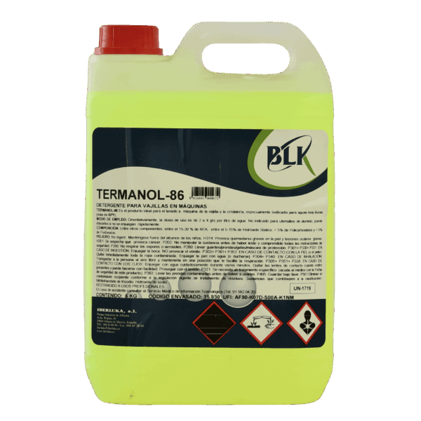 Garrafa de 6 kg de detergente lavavajillas automático profesional Termanol 86 para combatir la cal en lavaplatos industriales. lavavajillas aguas duras
