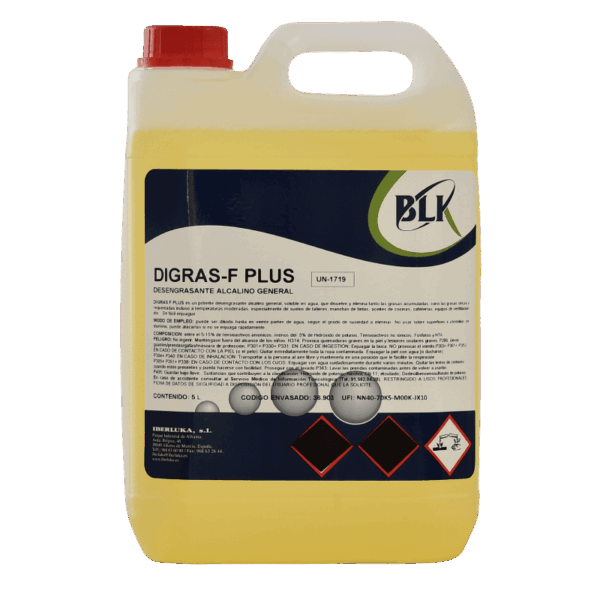 Garrafa de 5 litros de desengrasante alcalino profesional Digras-F Plus para eliminar grasas pesadas en talleres, cocinas e industria alimentaria. Desengrasante Alcalino Profesional 5L