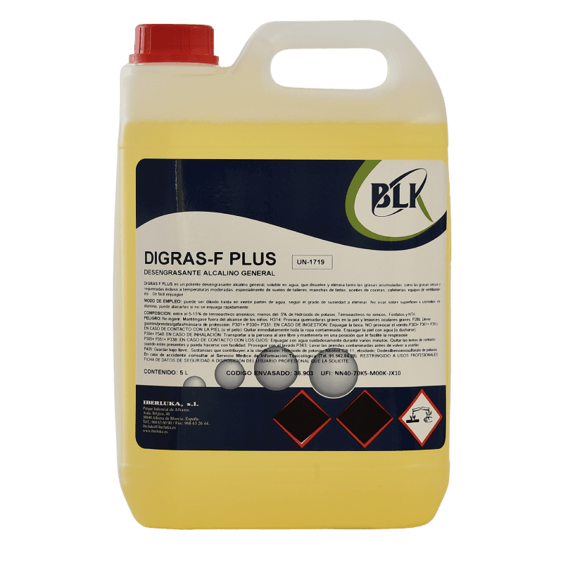 Garrafa de 5 litros de desengrasante alcalino profesional Digras-F Plus para eliminar grasas pesadas en talleres, cocinas e industria alimentaria. Desengrasante Alcalino Profesional 5L
