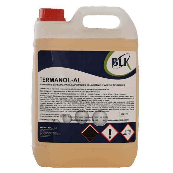 Garrafa de 6 kg de detergente lavavajillas aluminio profesional Termanol AL con protección anticorrosión para metales blandos.