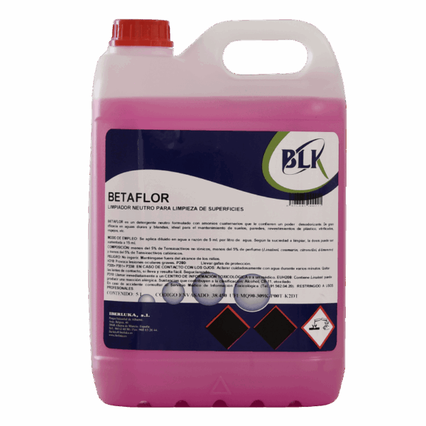 Garrafa de limpiador fregasuelos neutro profesional multisuperficies Betaflor con aroma a lavanda.