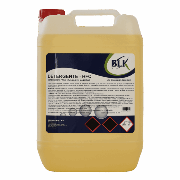 Garrafa de 12 kg de detergente líquido para lavavajillas automático profesional HFC de alto rendimiento para hostelería y restauración.Detergente Lavavajillas Automático Profesional
