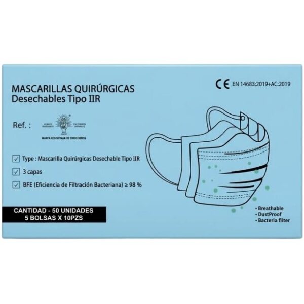 Mascarillas Quirúrgicas Desechables Tipo IIR - 3 Capas (Azul) - Caja de 50 Uds