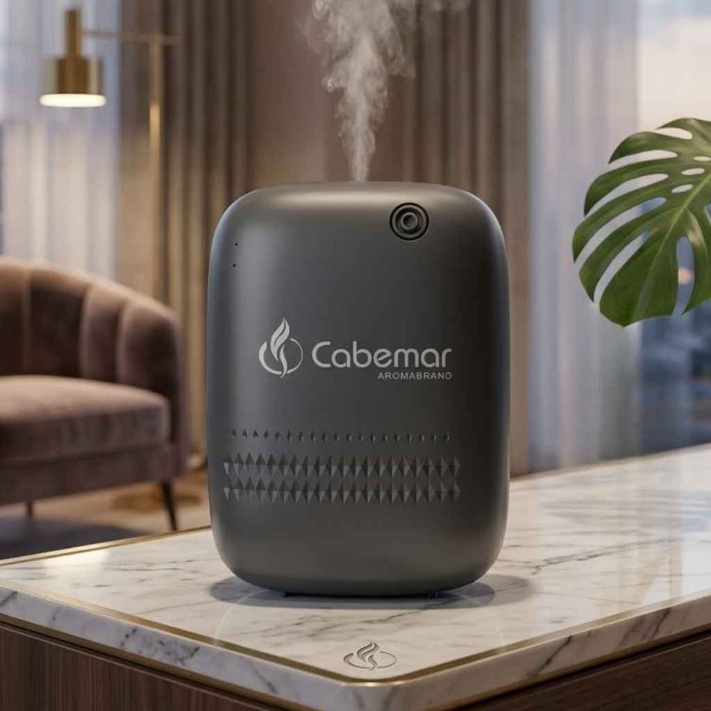 Torre difusora de aromas grandes espacios con cerradura de seguridad instalada en el pasillo exclusivo de un centro de bienestar.