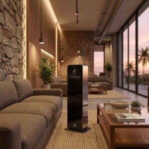 Equipo de torre difusora de aromas grandes espacios instalado discretamente junto al mostrador de recepción de un hotel de alta gama.