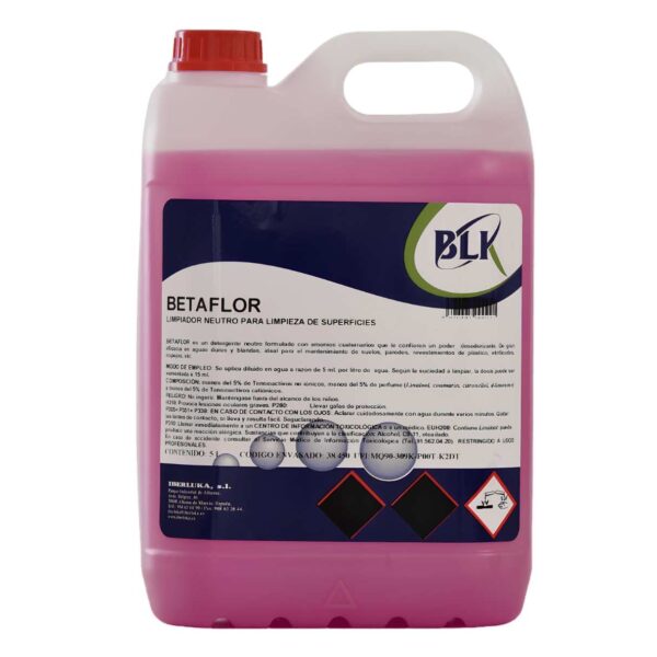 Garrafa de limpiador fregasuelos neutro profesional multisuperficies Betaflor con aroma a lavanda.